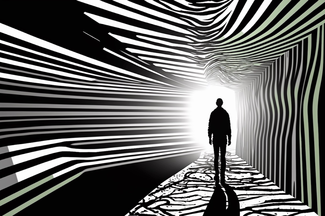 Person | Tunnel | Black and white | Evolution