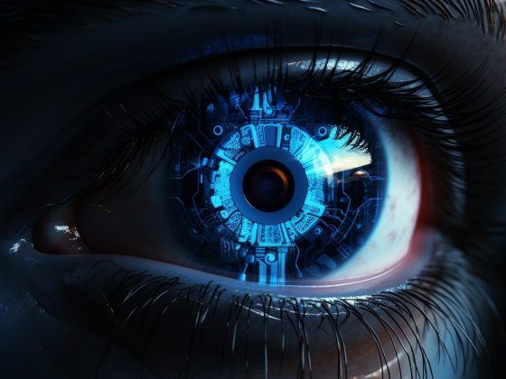 Robotic eyes glowing like blue light with vibrant colors