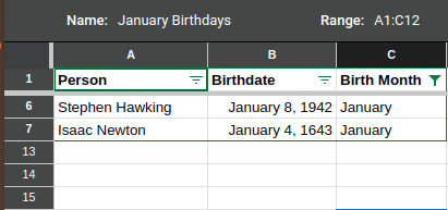 Filter view of January birth dates
