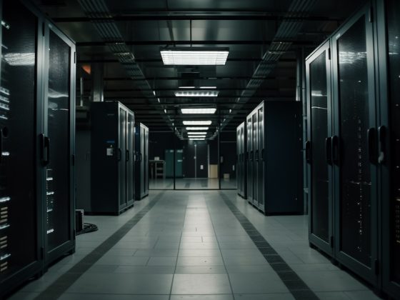 Global communication equipment in futuristic server room generated by artificial intelligence