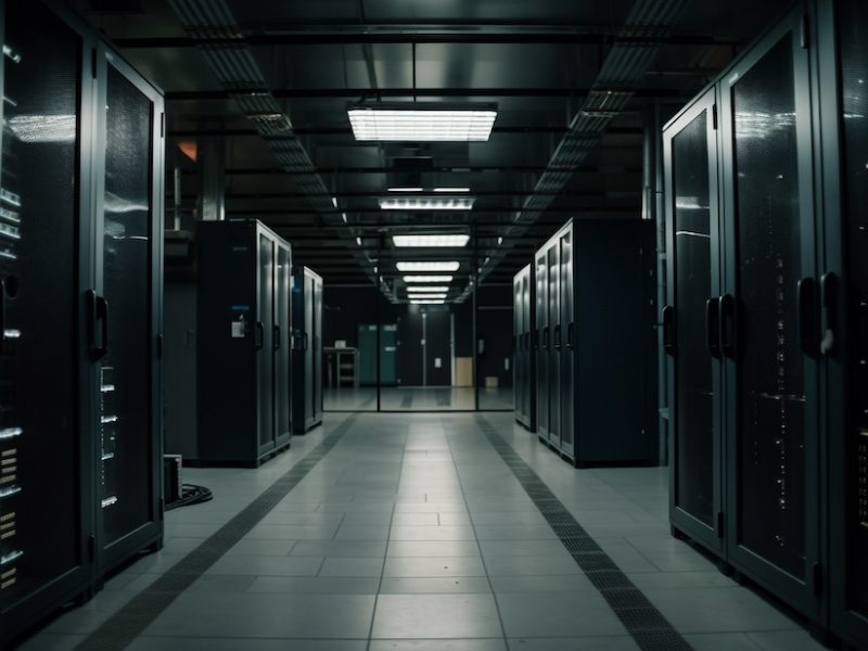 Global communication equipment in futuristic server room generated by artificial intelligence