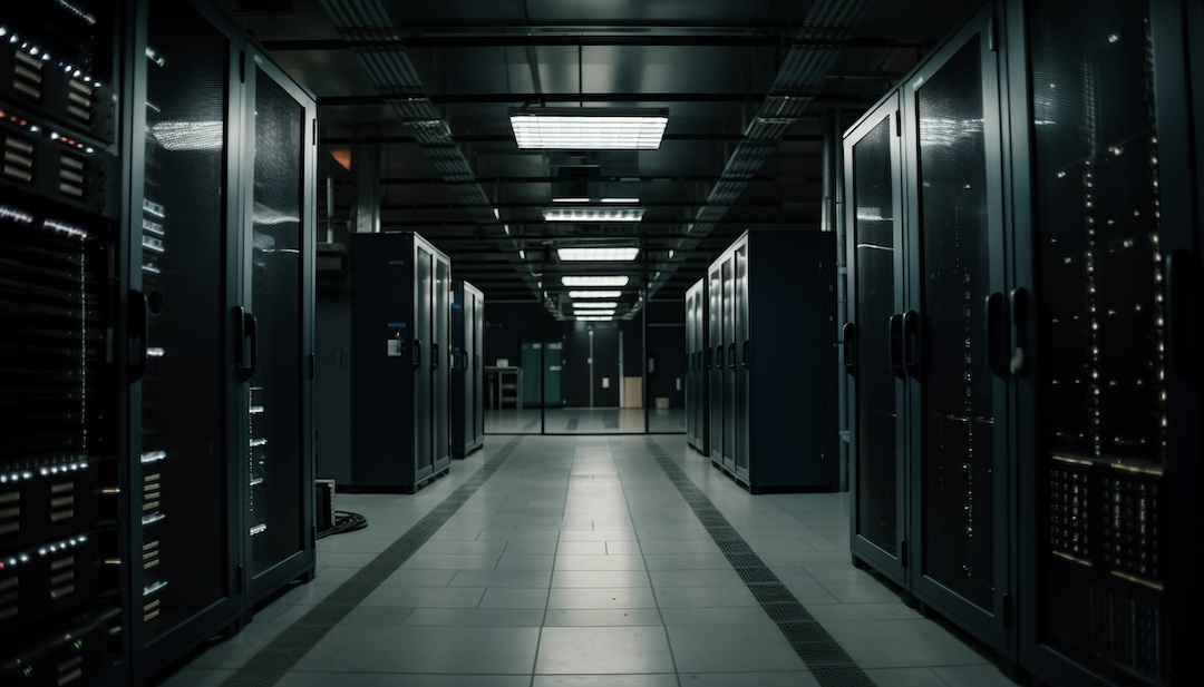 Global communication equipment in futuristic server room generated by artificial intelligence