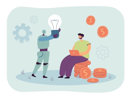 Robot giving light bulb to businessman. Man sitting with laptop on money coins flat vector illustration. Finance, help of artificial intelligence concept for banner, website design or landing web page