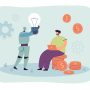 Robot giving light bulb to businessman. Man sitting with laptop on money coins flat vector illustration. Finance, help of artificial intelligence concept for banner, website design or landing web page