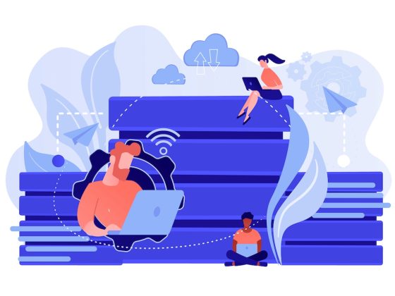 Users with laptops working with database. Data storage and organization, information access and management, big data protection concept. Vector isolated illustration.
