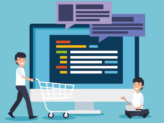 men with computer website information and chat bubbles vector illustration